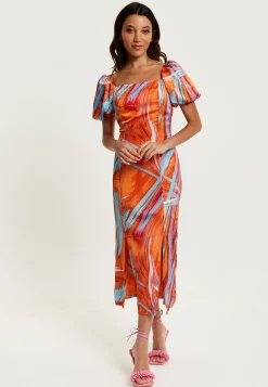 Women's Midi Dress in Orange with Puff Sleeves and Square Neck - Liquorish