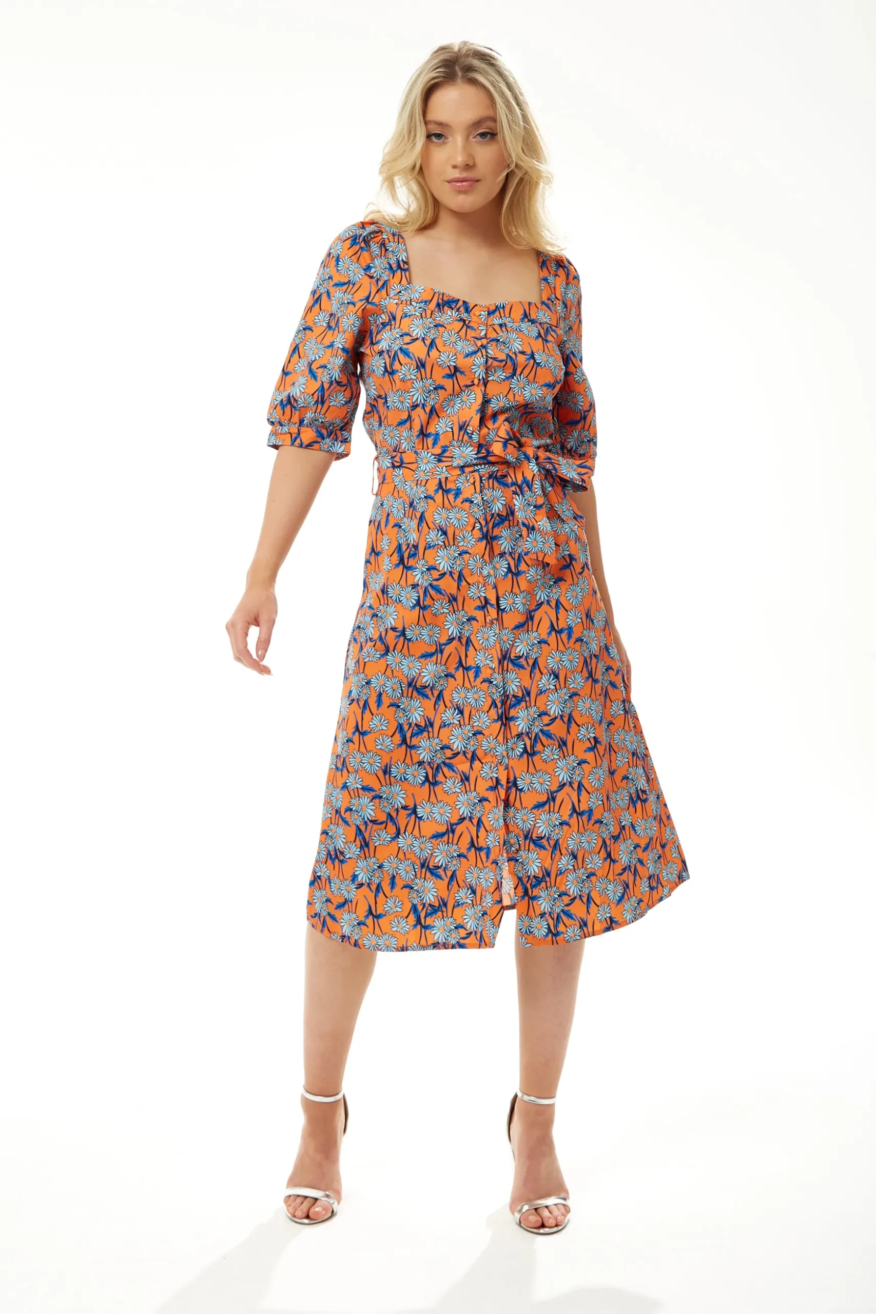 Women's Midi Dress in Orange Floral with Short Sleeves and Waist Tie - Liquorish