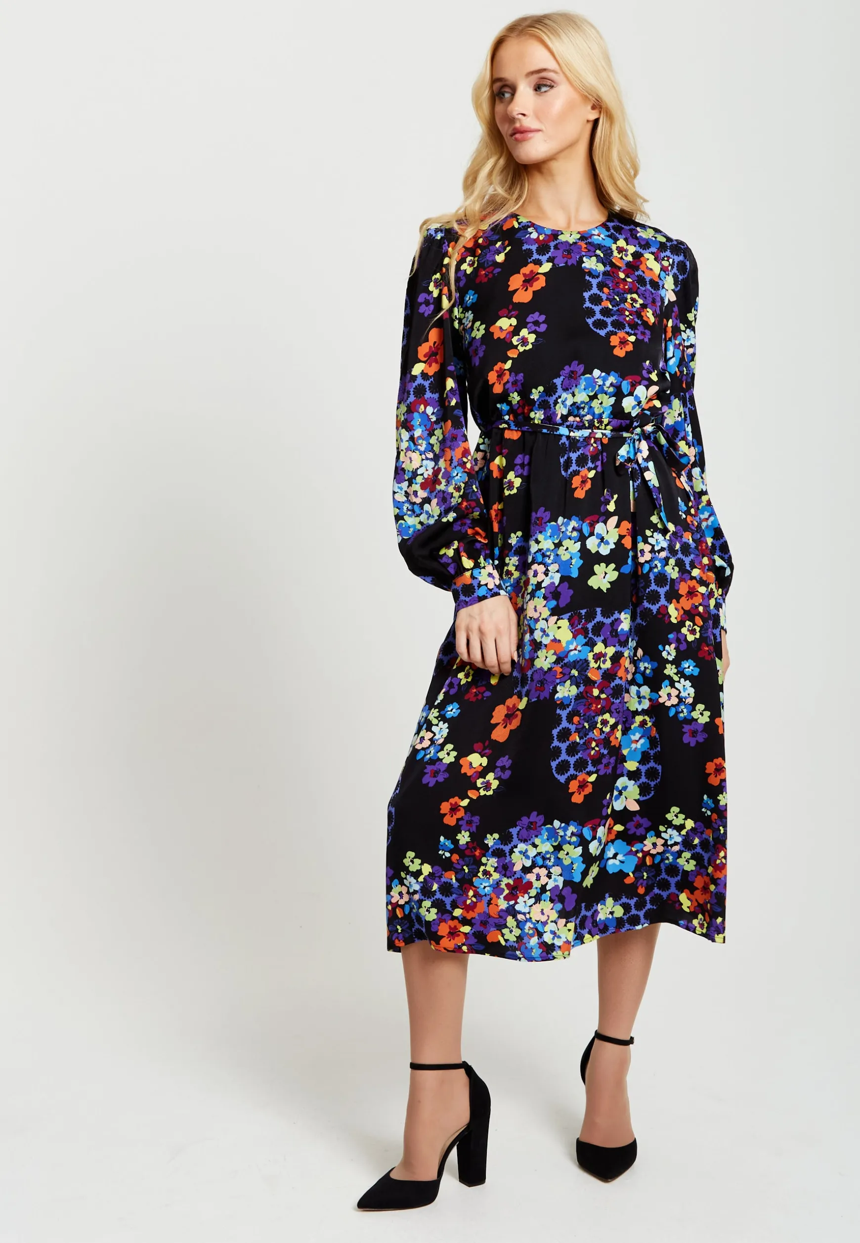 Women's Midi Dress in Orange and Blue with Long Balloon Sleeves - Liquorish