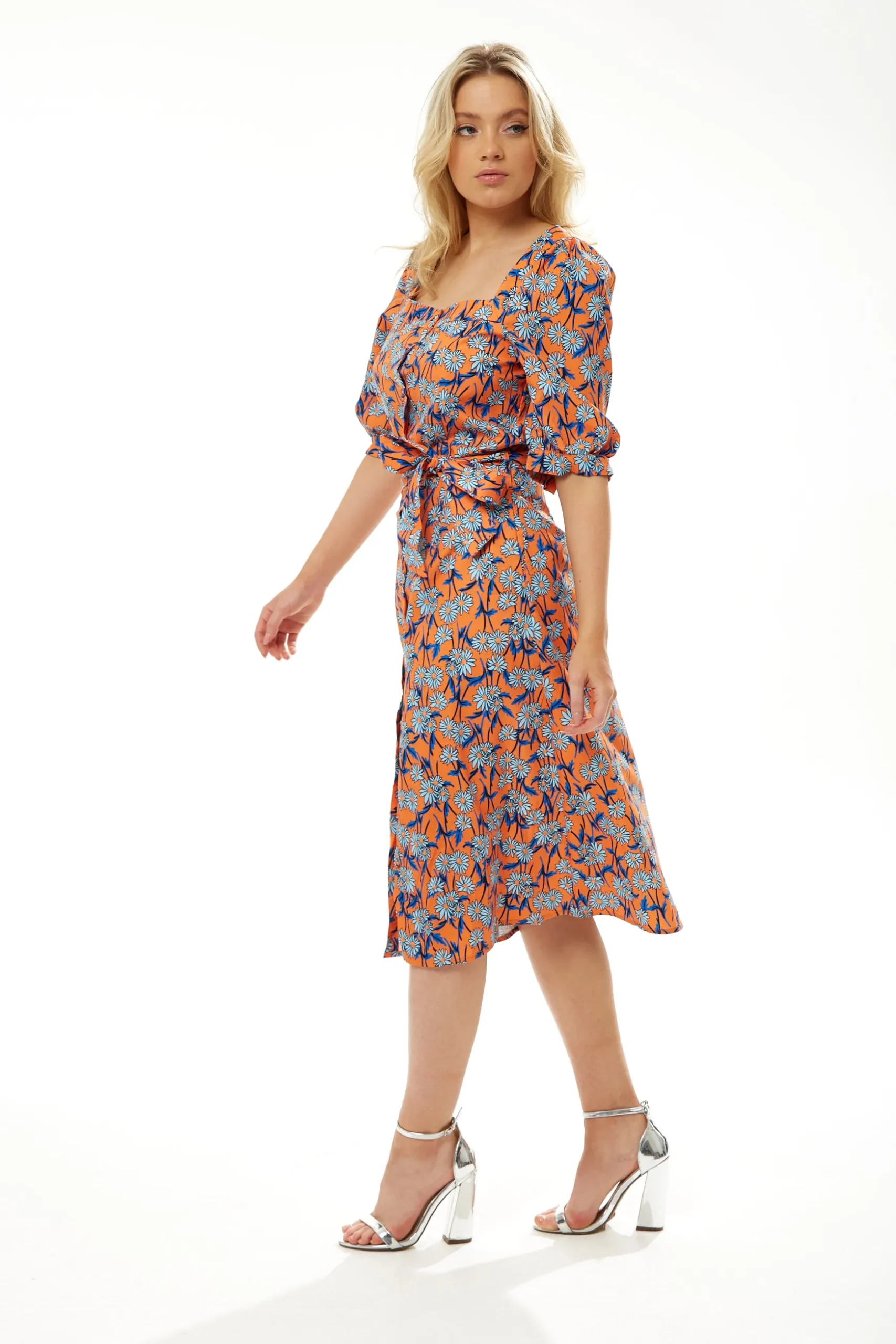 Women's Midi Dress in Orange Floral with Short Sleeves and Waist Tie - Liquorish