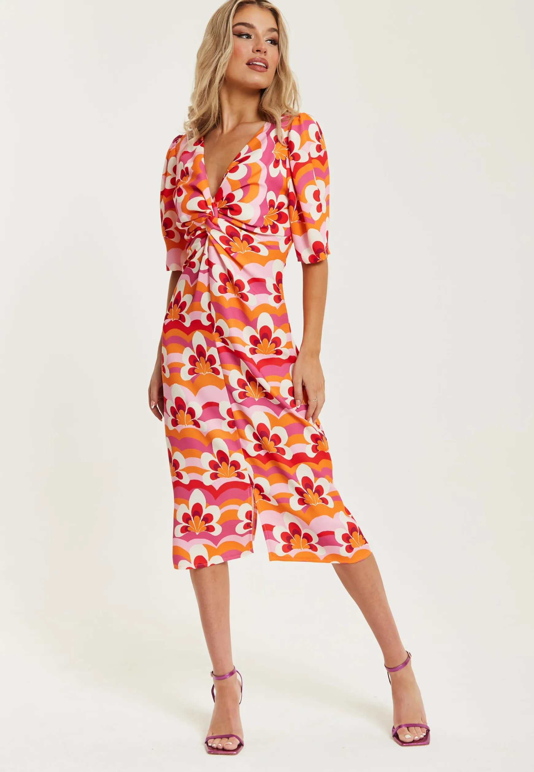 Women's Midi Dress in Orange and Pink with Knot Front, V Neck, Short Sleeves, and Front Slit - Liquorish