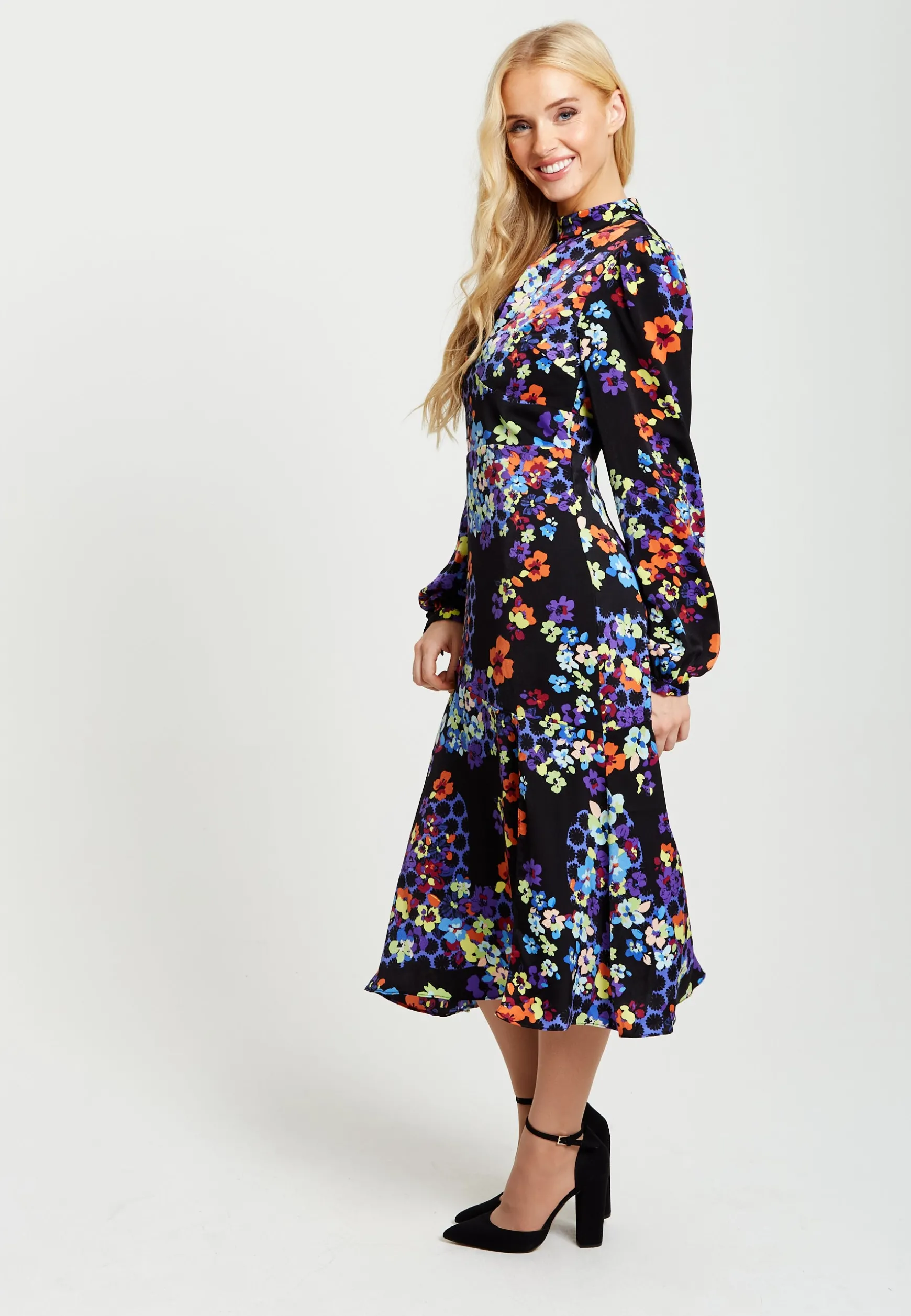 Women's Midi Dress in Orange and Blue with Long Balloon Sleeves - Liquorish