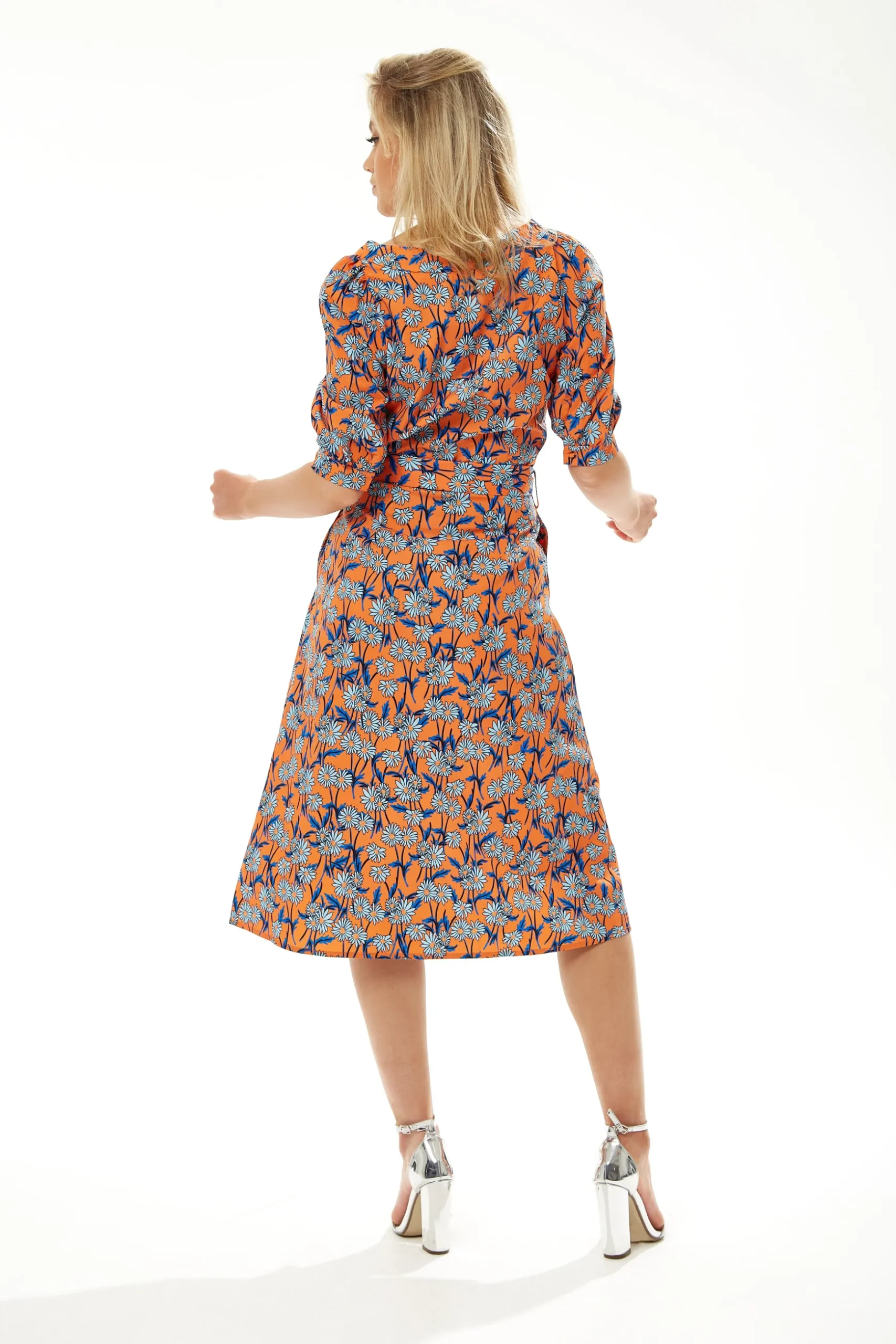 Women's Midi Dress in Orange Floral with Short Sleeves and Waist Tie - Liquorish