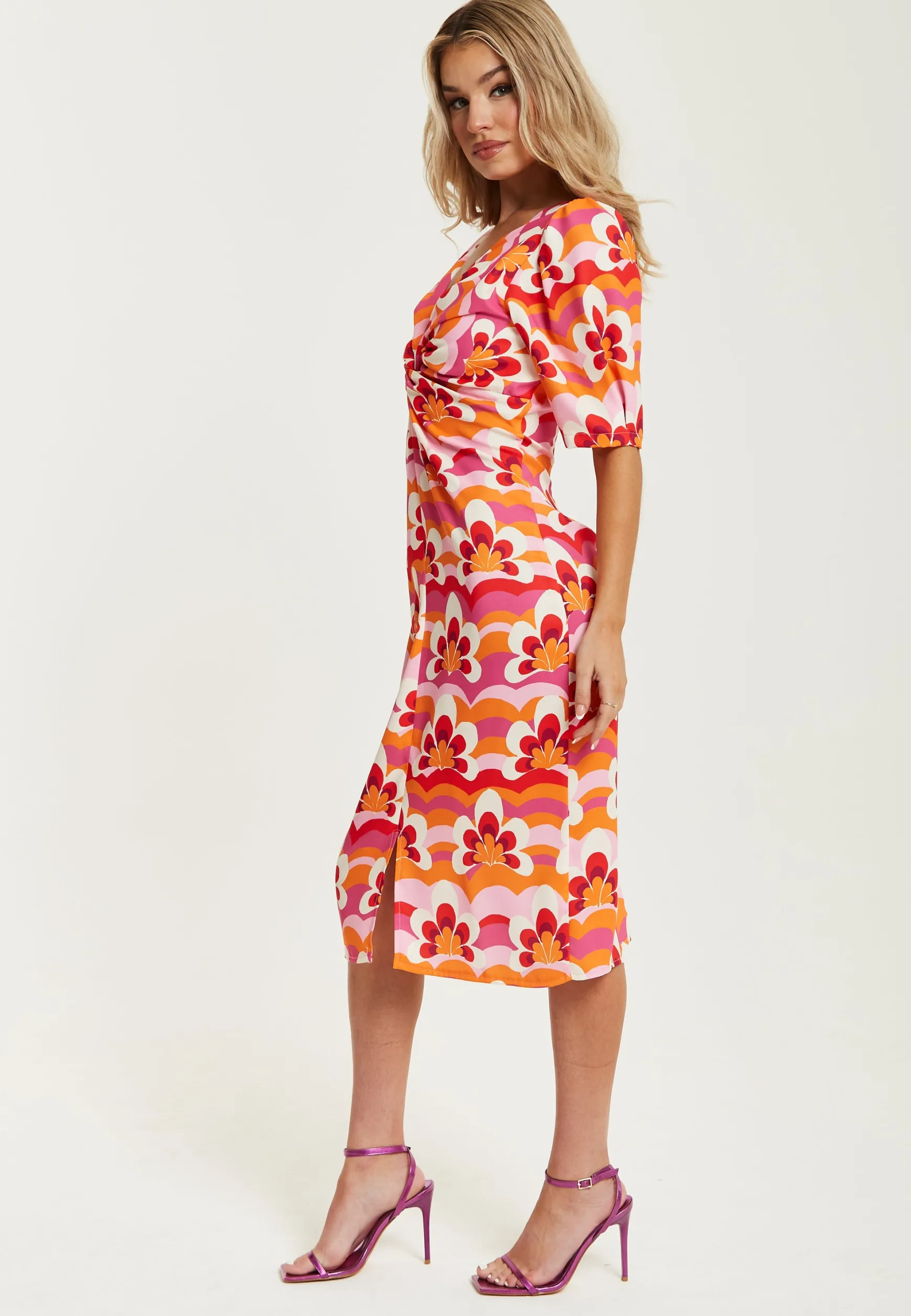 Women's Midi Dress in Orange and Pink with Knot Front, V Neck, Short Sleeves, and Front Slit - Liquorish