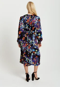 Women's Midi Dress in Orange and Blue with Long Balloon Sleeves - Liquorish