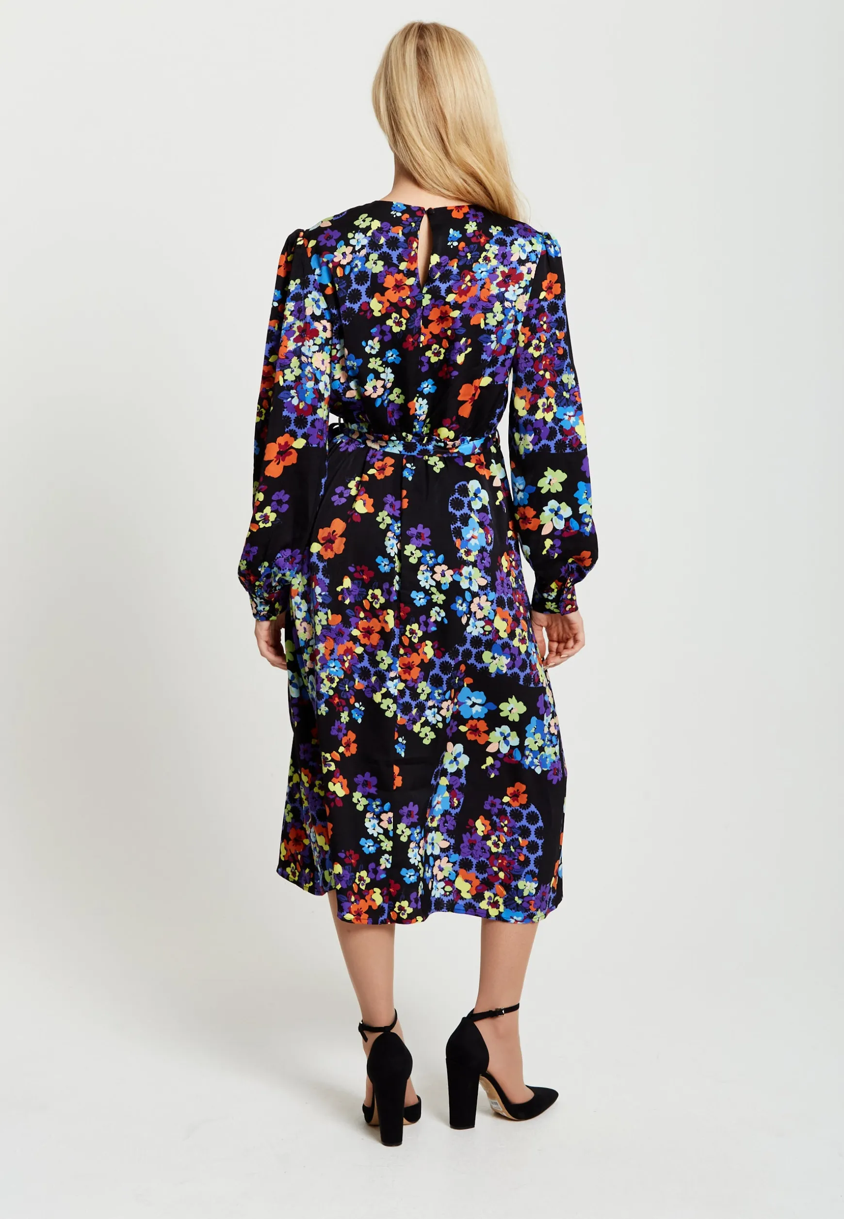 Women's Midi Dress in Orange and Blue with Long Balloon Sleeves - Liquorish