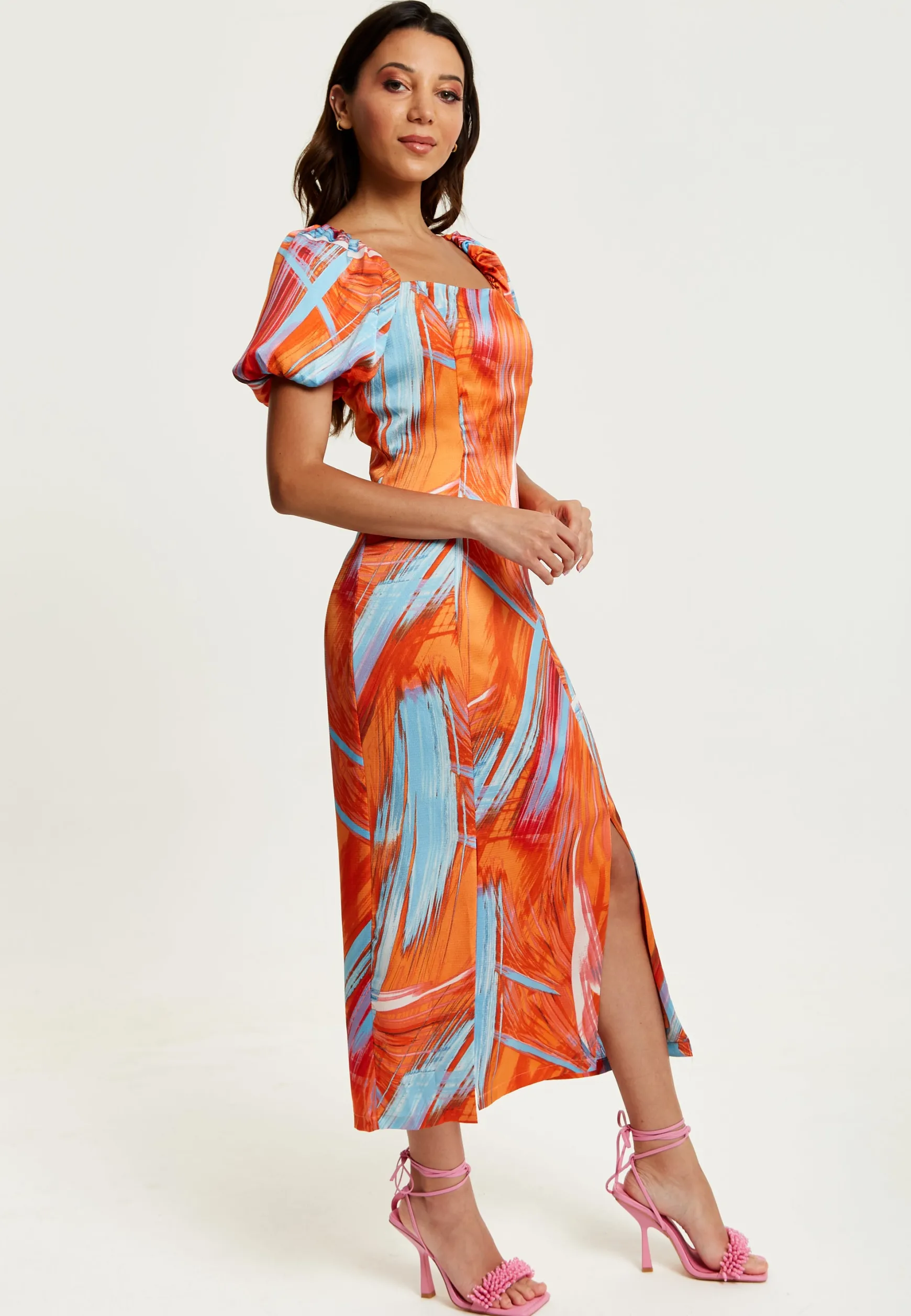 Women's Midi Dress in Orange with Puff Sleeves and Square Neck - Liquorish
