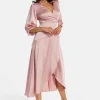 Women's Midi Dress in Pink with Short Puff Sleeves - Elegant Wrap Design by Liquorish