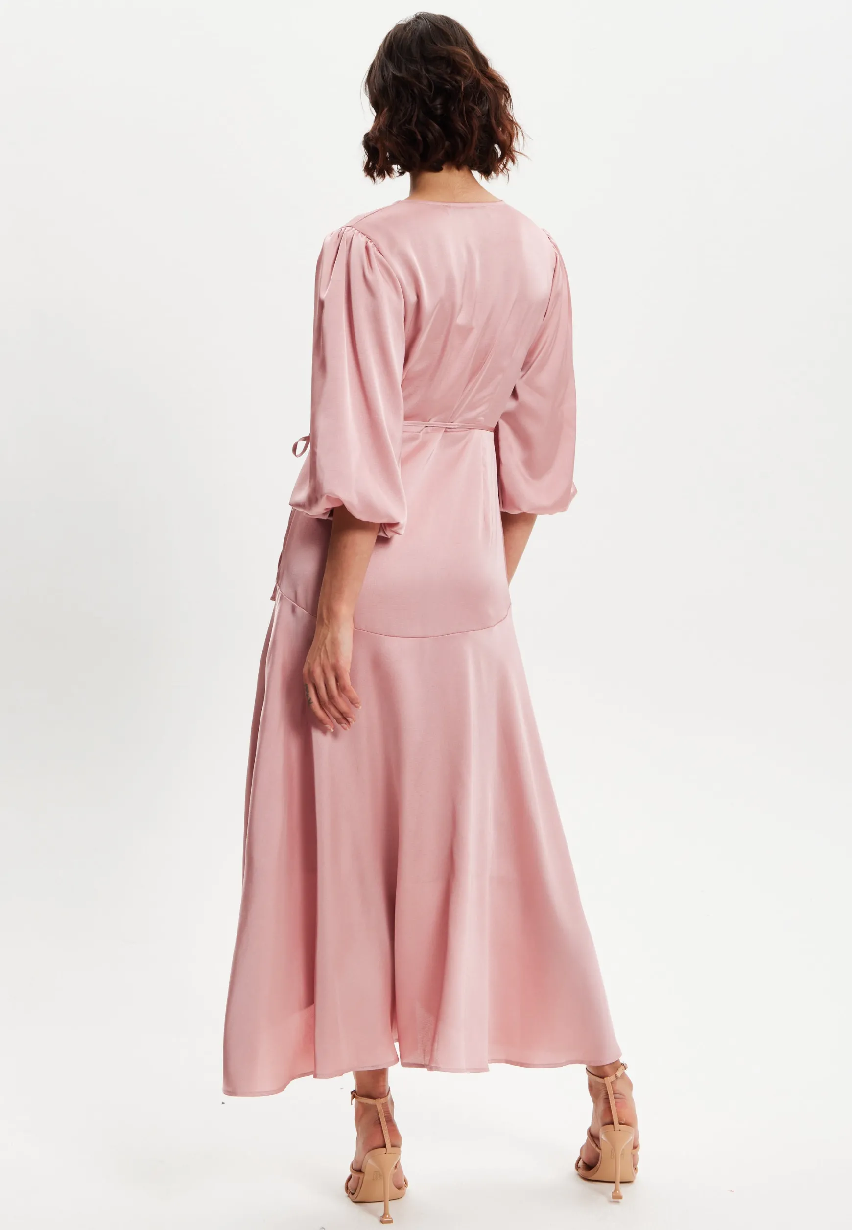 Women's Midi Dress in Pink with Short Puff Sleeves - Elegant Wrap Design by Liquorish