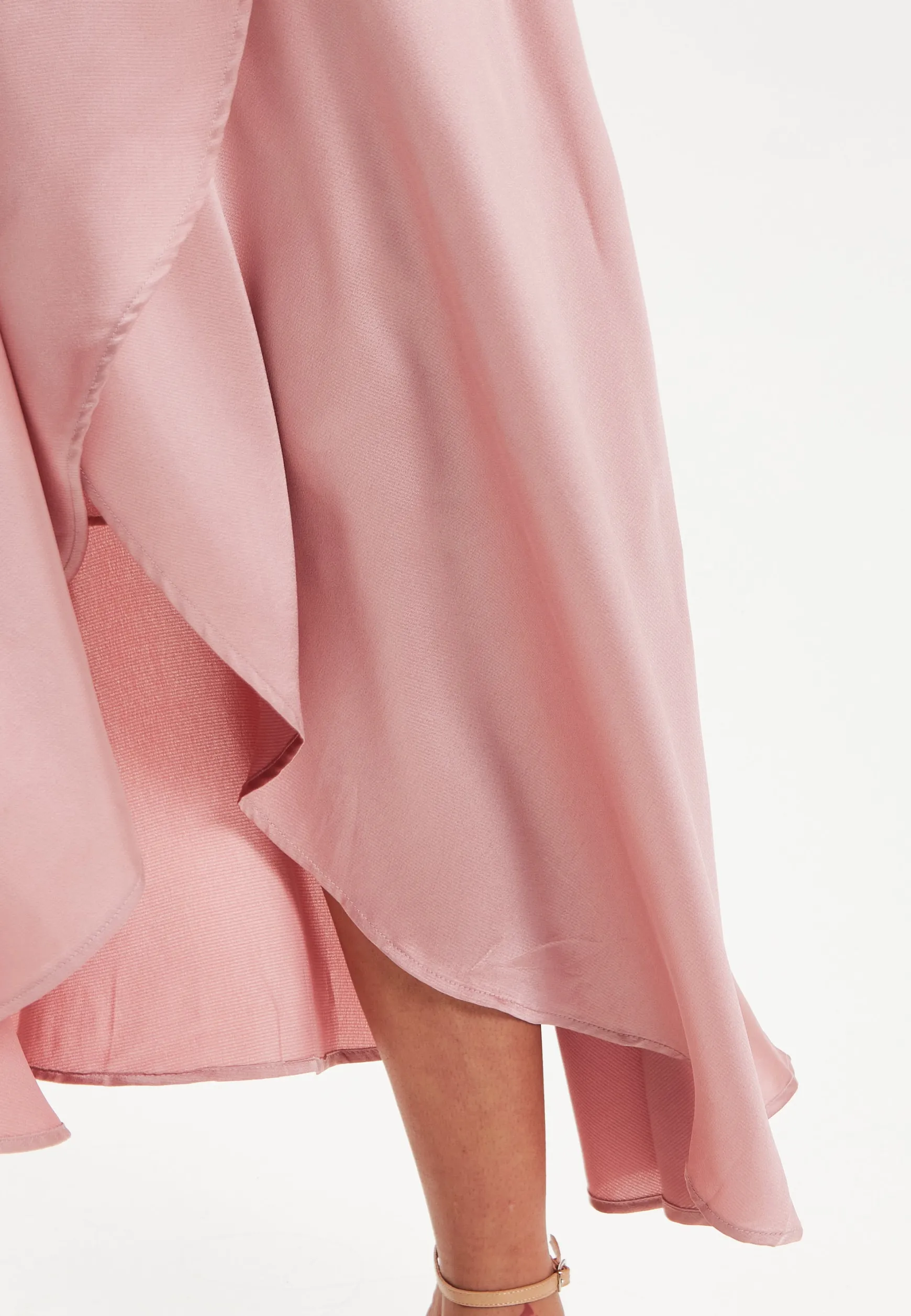 Women's Midi Dress in Pink with Short Puff Sleeves - Elegant Wrap Design by Liquorish