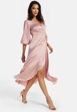 Women's Midi Dress in Pink with Short Puff Sleeves - Elegant Wrap Design by Liquorish