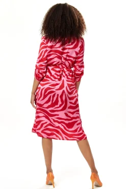 Women's Midi Dress in Pink and Red Zebra Print with Long Sleeves - Liquorish