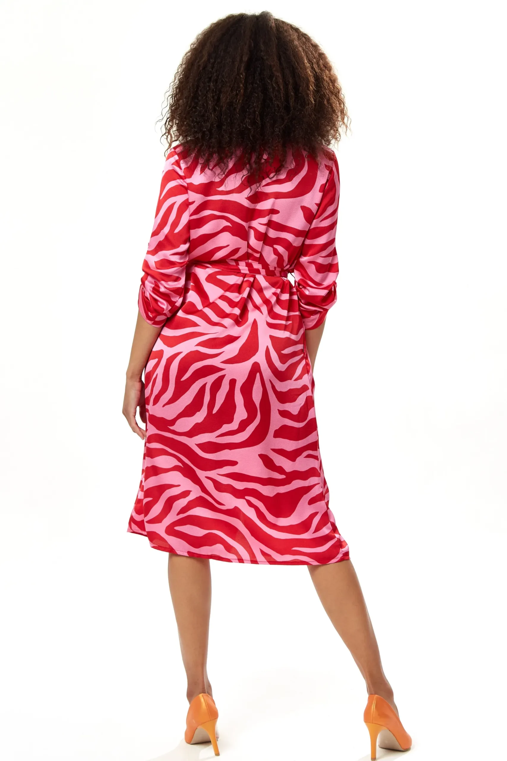 Women's Midi Dress in Pink and Red Zebra Print with Long Sleeves - Liquorish