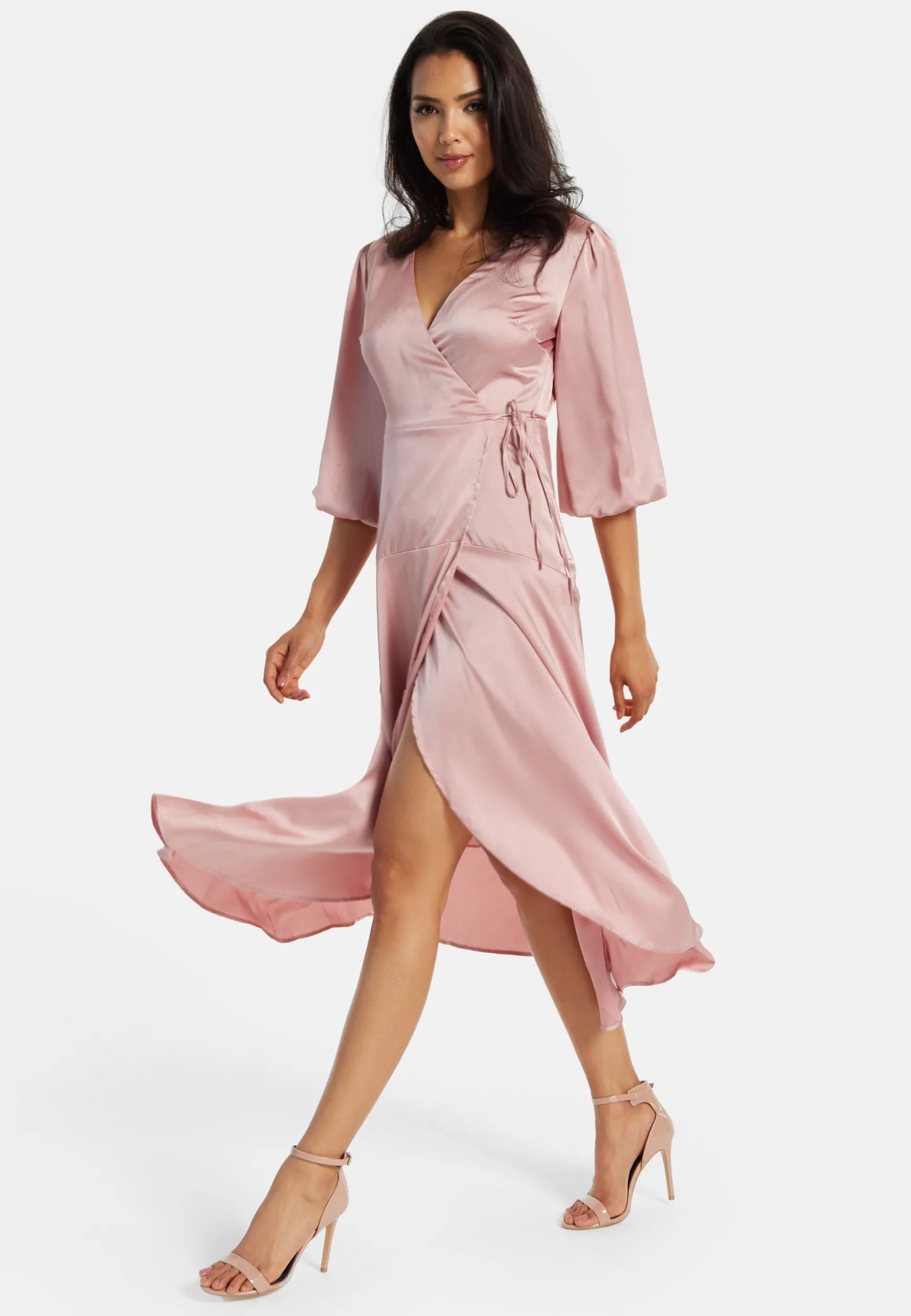 Women's Midi Dress in Pink with Short Puff Sleeves - Elegant Wrap Design by Liquorish