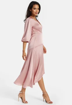 Women's Midi Dress in Pink with Short Puff Sleeves - Elegant Wrap Design by Liquorish