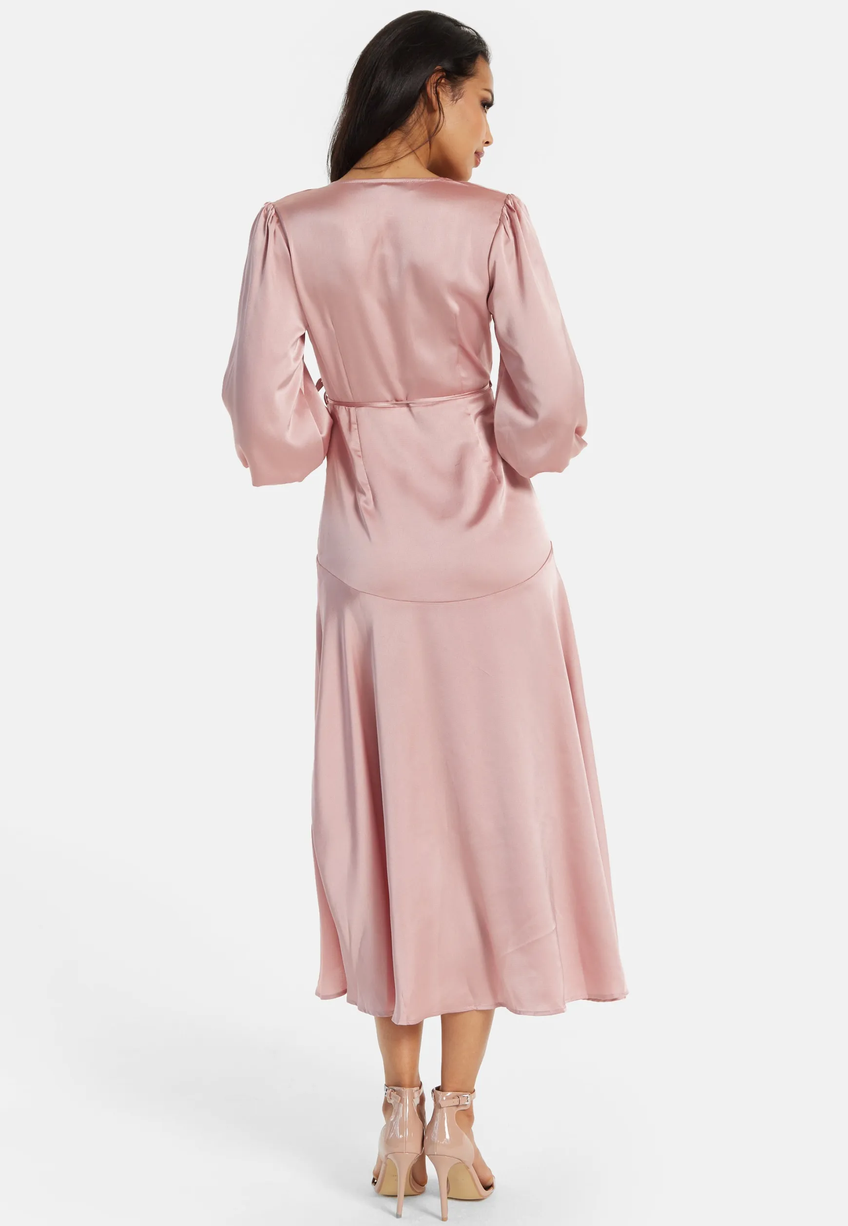 Women's Midi Dress in Pink with Short Puff Sleeves - Elegant Wrap Design by Liquorish