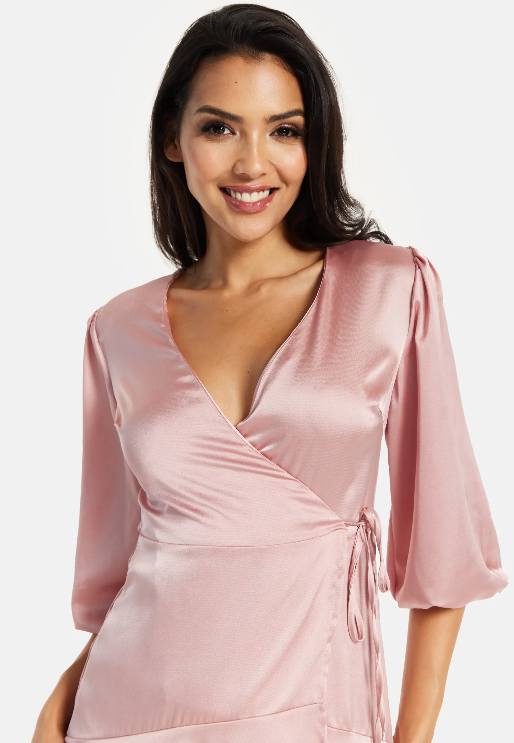 Women's Midi Dress in Pink with Short Puff Sleeves - Elegant Wrap Design by Liquorish