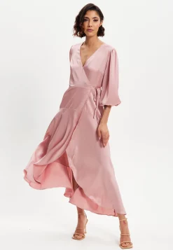 Women's Midi Dress in Pink with Short Puff Sleeves - Elegant Wrap Design by Liquorish