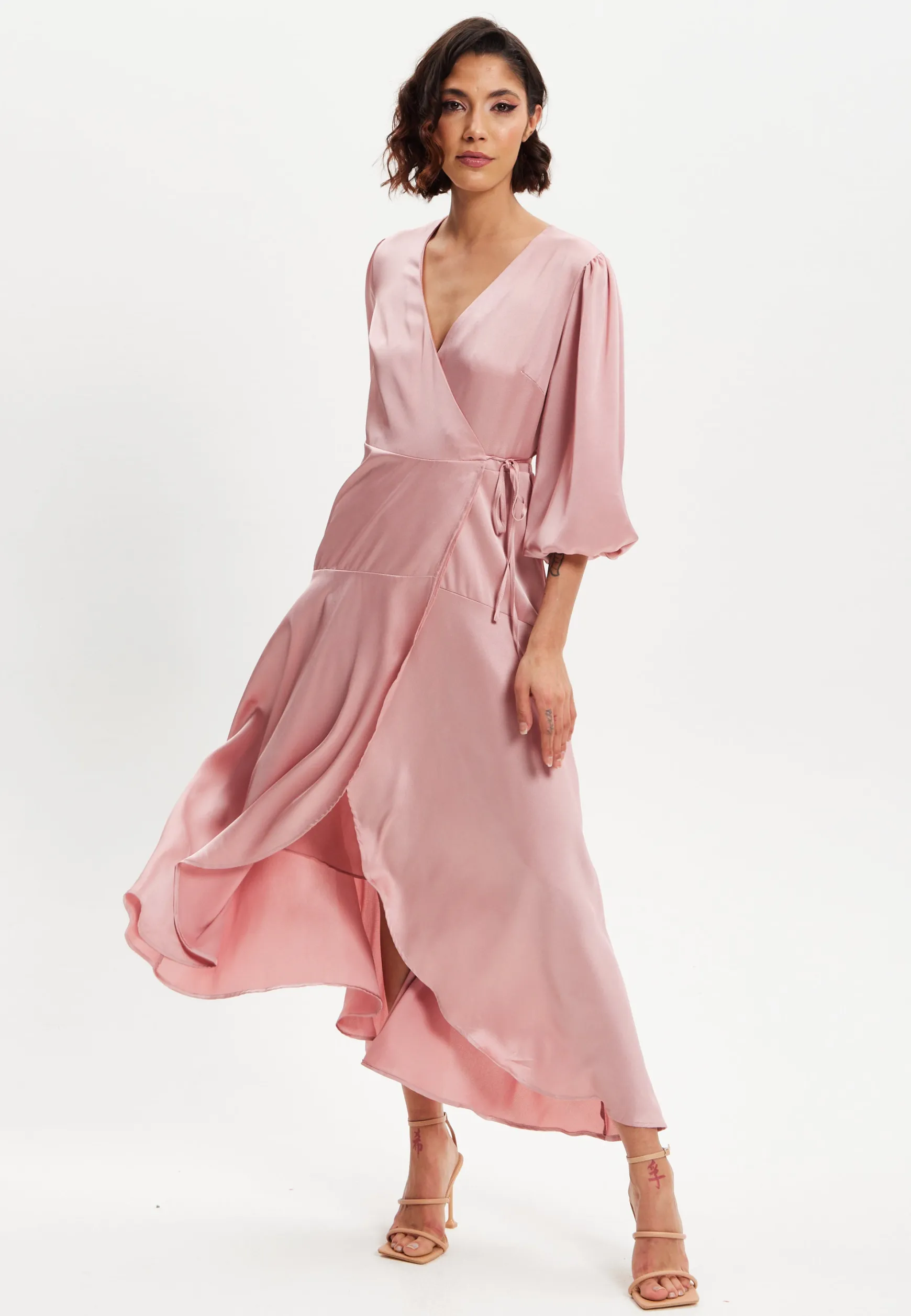 Women's Midi Dress in Pink with Short Puff Sleeves - Elegant Wrap Design by Liquorish