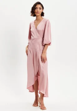 Women's Midi Dress in Pink with Short Puff Sleeves - Elegant Wrap Design by Liquorish