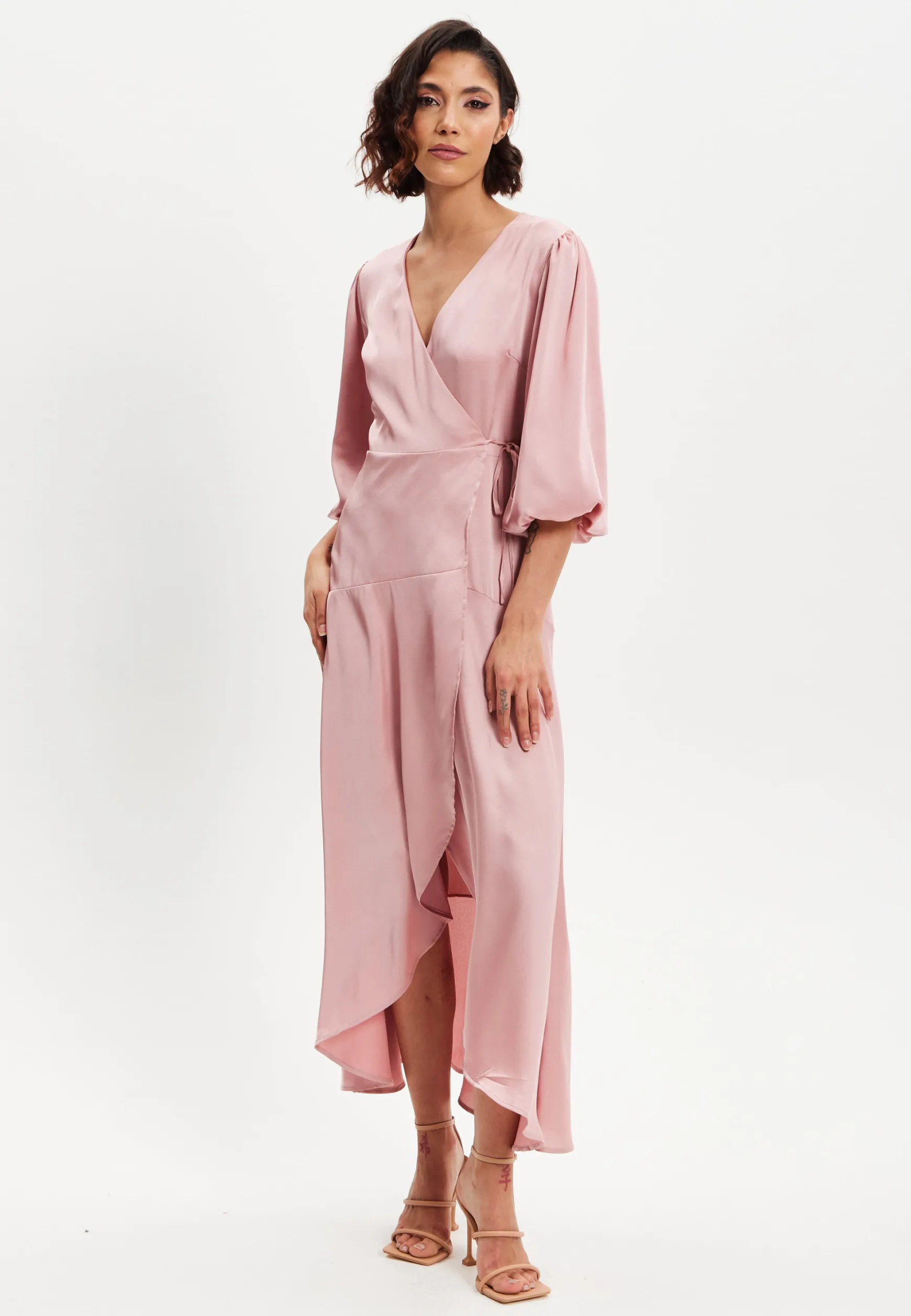 Women's Midi Dress in Pink with Short Puff Sleeves - Elegant Wrap Design by Liquorish