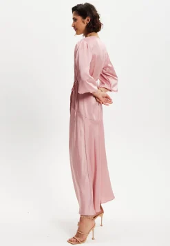 Women's Midi Dress in Pink with Short Puff Sleeves - Elegant Wrap Design by Liquorish