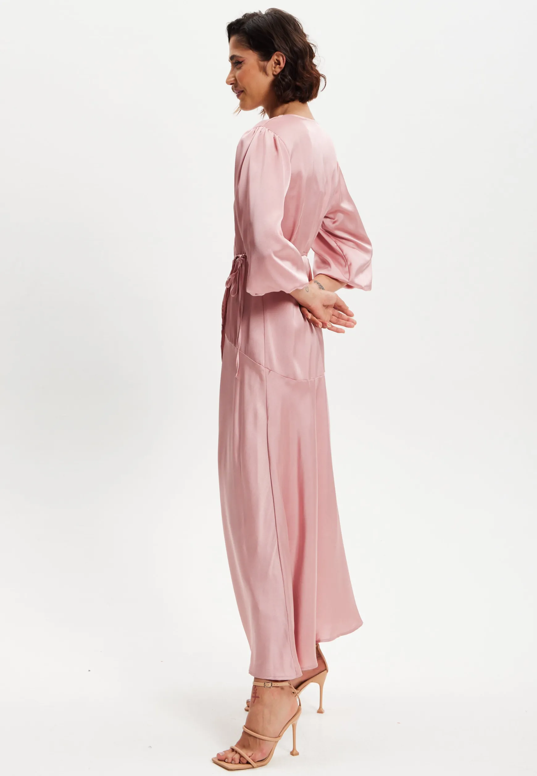 Women's Midi Dress in Pink with Short Puff Sleeves - Elegant Wrap Design by Liquorish