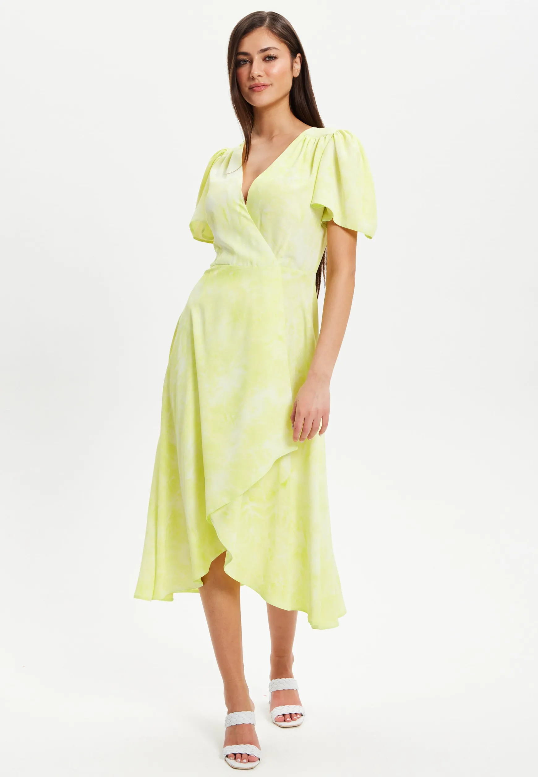 Women’s Midi Dress in Pistachio with Angel Sleeves - Elegant Liquorish Design