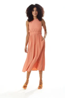Women's Midi Dress in Plain Orange with Open Back, Sleeveless Design, and Elasticated Waist - Liquorish