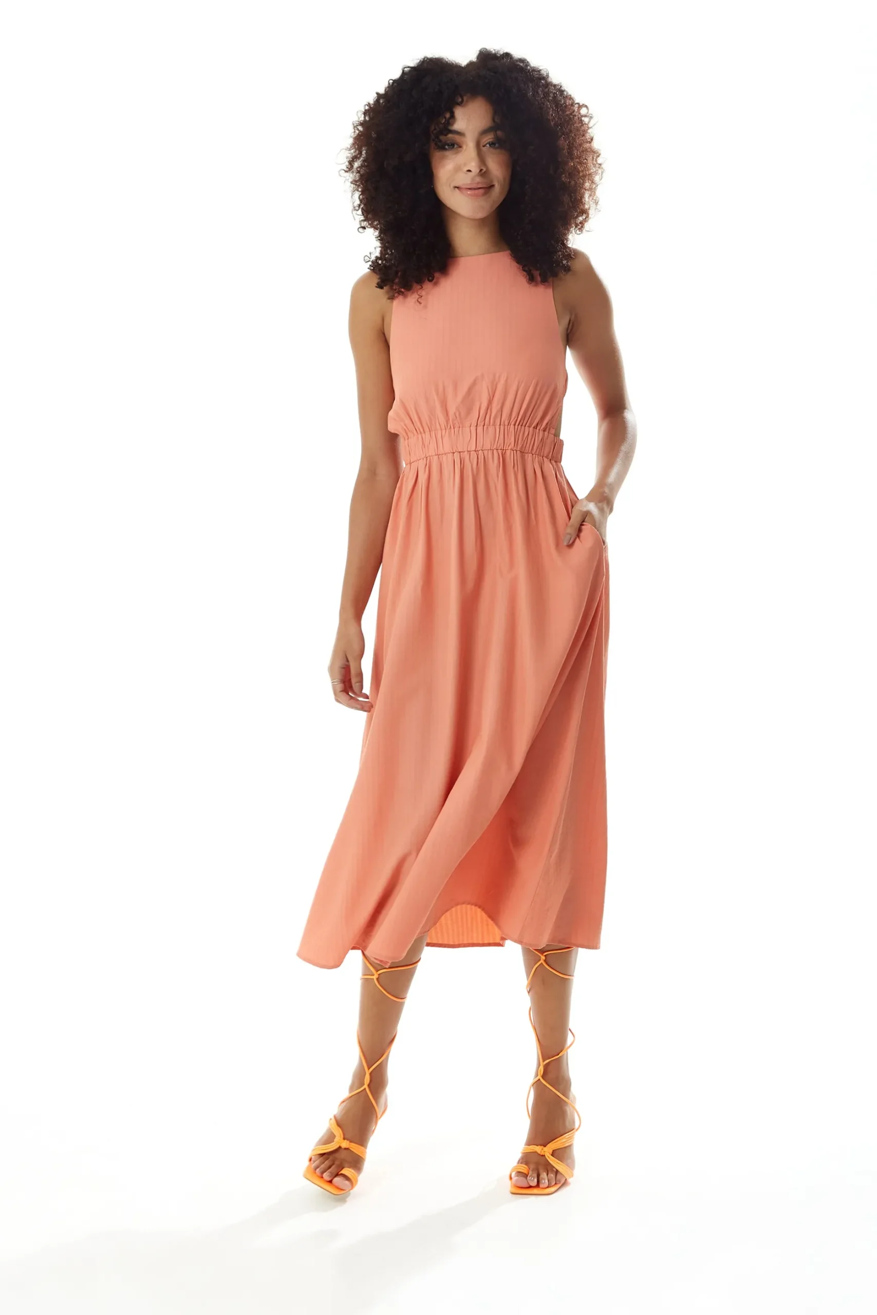 Women's Midi Dress in Plain Orange with Open Back, Sleeveless Design, and Elasticated Waist - Liquorish