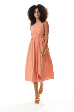 Women's Midi Dress in Plain Orange with Open Back, Sleeveless Design, and Elasticated Waist - Liquorish
