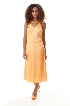 Women’s Midi Dress in Plain Orange with Cami Style and Deep V Neck, Adjustable Straps, Sleeveless - Liquorish