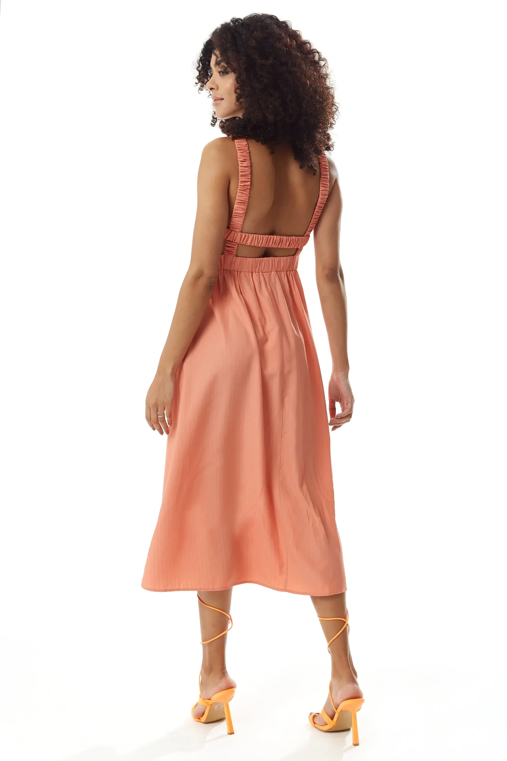Women's Midi Dress in Plain Orange with Open Back, Sleeveless Design, and Elasticated Waist - Liquorish