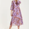 Women's Midi Dress in Purple Floral with V-Neck and 3/4 Kimono Sleeves - Liquorish