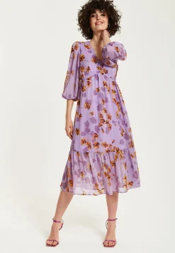 Women's Midi Dress in Purple Floral with V-Neck and 3/4 Kimono Sleeves - Liquorish