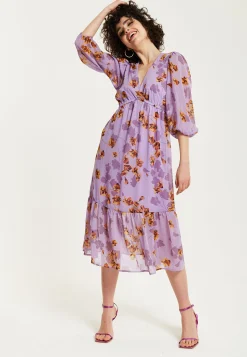 Women's Midi Dress in Purple Floral with V-Neck and 3/4 Kimono Sleeves - Liquorish