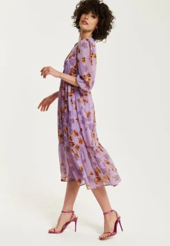Women's Midi Dress in Purple Floral with V-Neck and 3/4 Kimono Sleeves - Liquorish