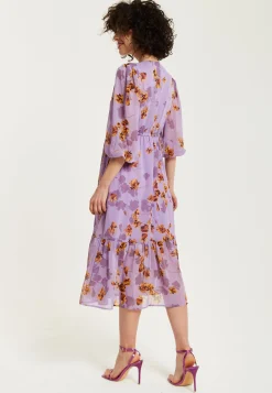 Women's Midi Dress in Purple Floral with V-Neck and 3/4 Kimono Sleeves - Liquorish