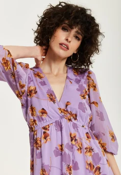 Women's Midi Dress in Purple Floral with V-Neck and 3/4 Kimono Sleeves - Liquorish