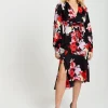 Women's Midi Dress in Red and Pink with Long Balloon Sleeves - Liquorish
