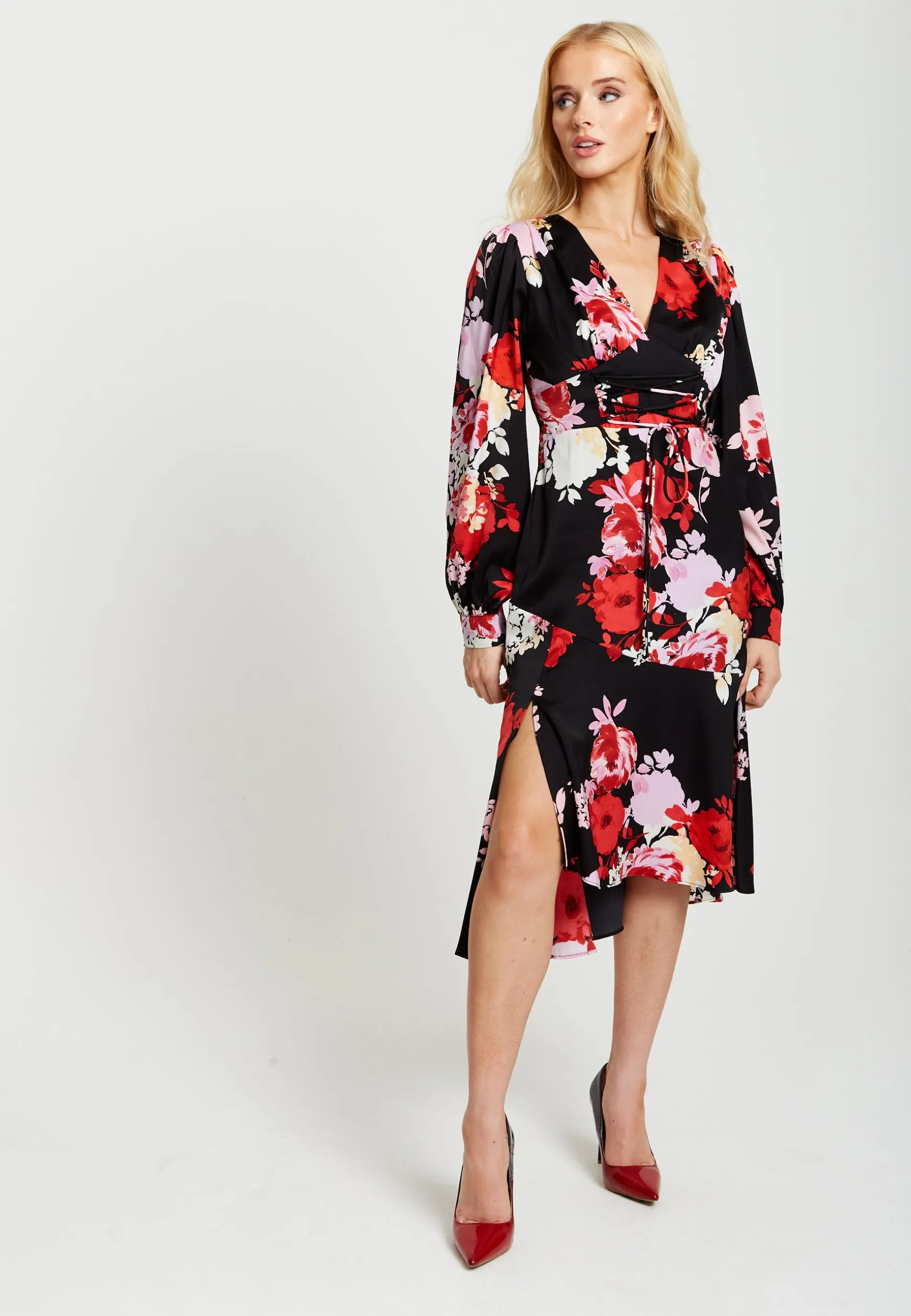 Women's Midi Dress in Red and Pink with Long Balloon Sleeves - Liquorish