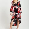 Women's Midi Dress in Red and Pink with Long Balloon Sleeves - Liquorish