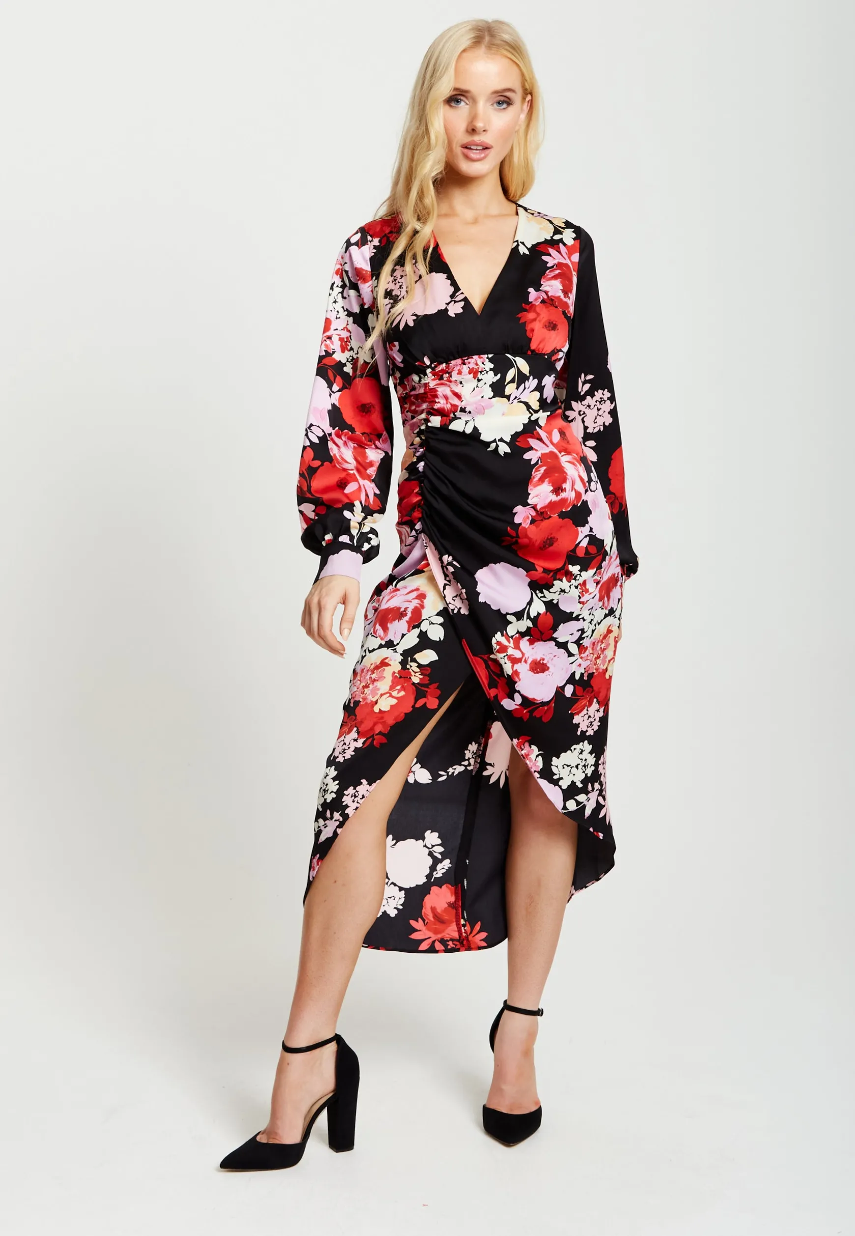 Women's Midi Dress in Red and Pink with Long Balloon Sleeves - Liquorish