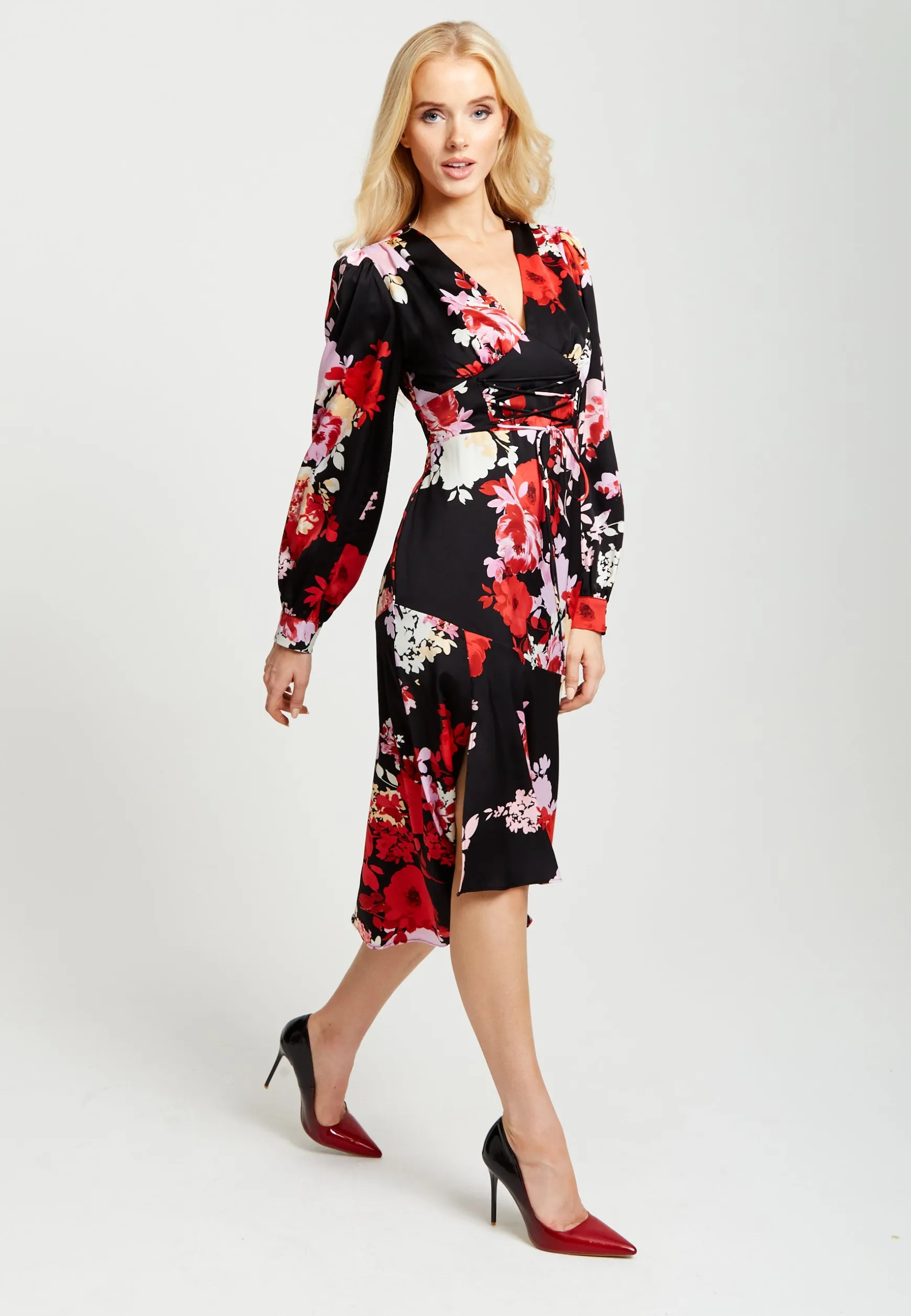 Women's Midi Dress in Red and Pink with Long Balloon Sleeves - Liquorish