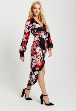 Women's Midi Dress in Red and Pink with Long Balloon Sleeves - Liquorish