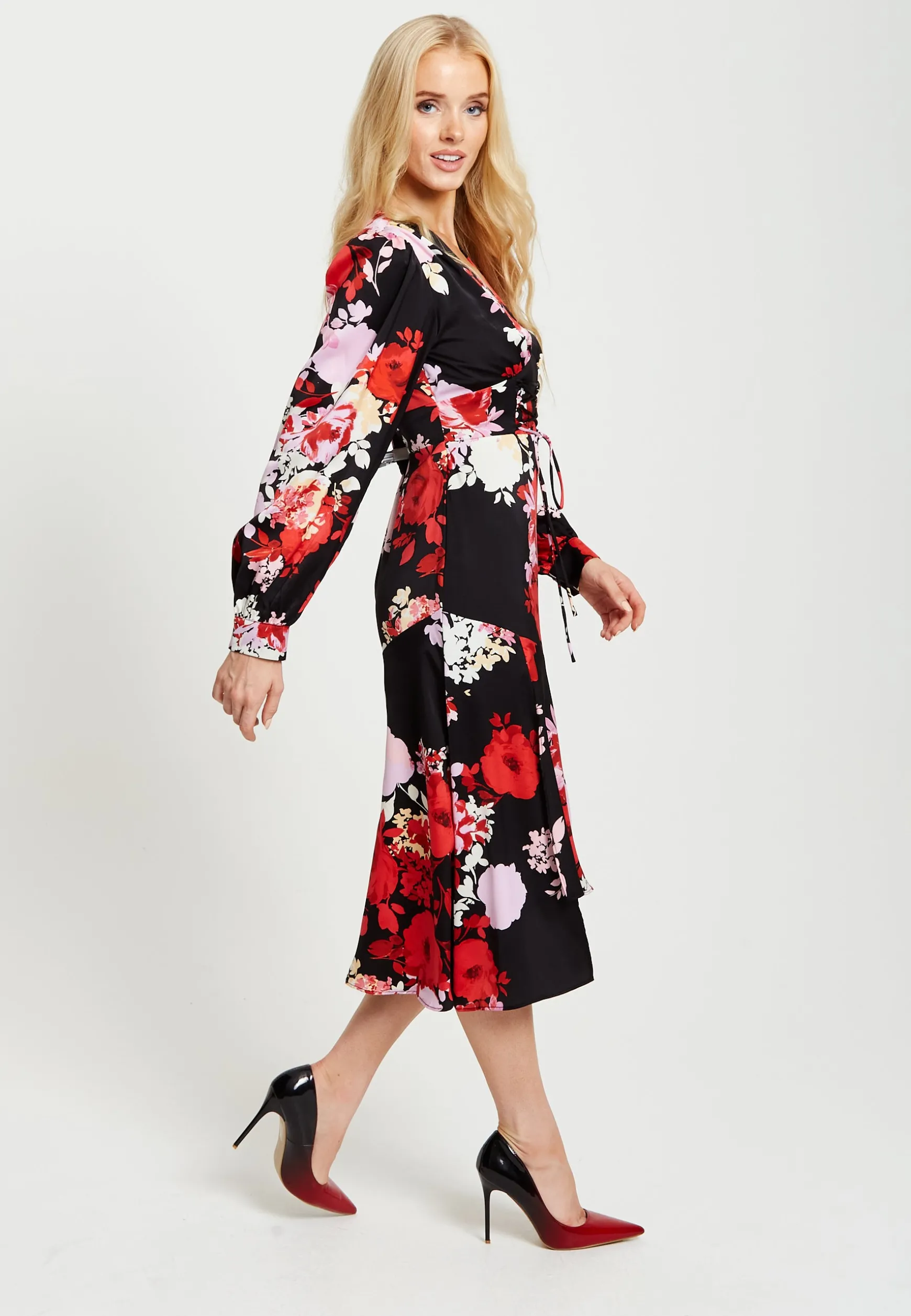 Women's Midi Dress in Red and Pink with Long Balloon Sleeves - Liquorish