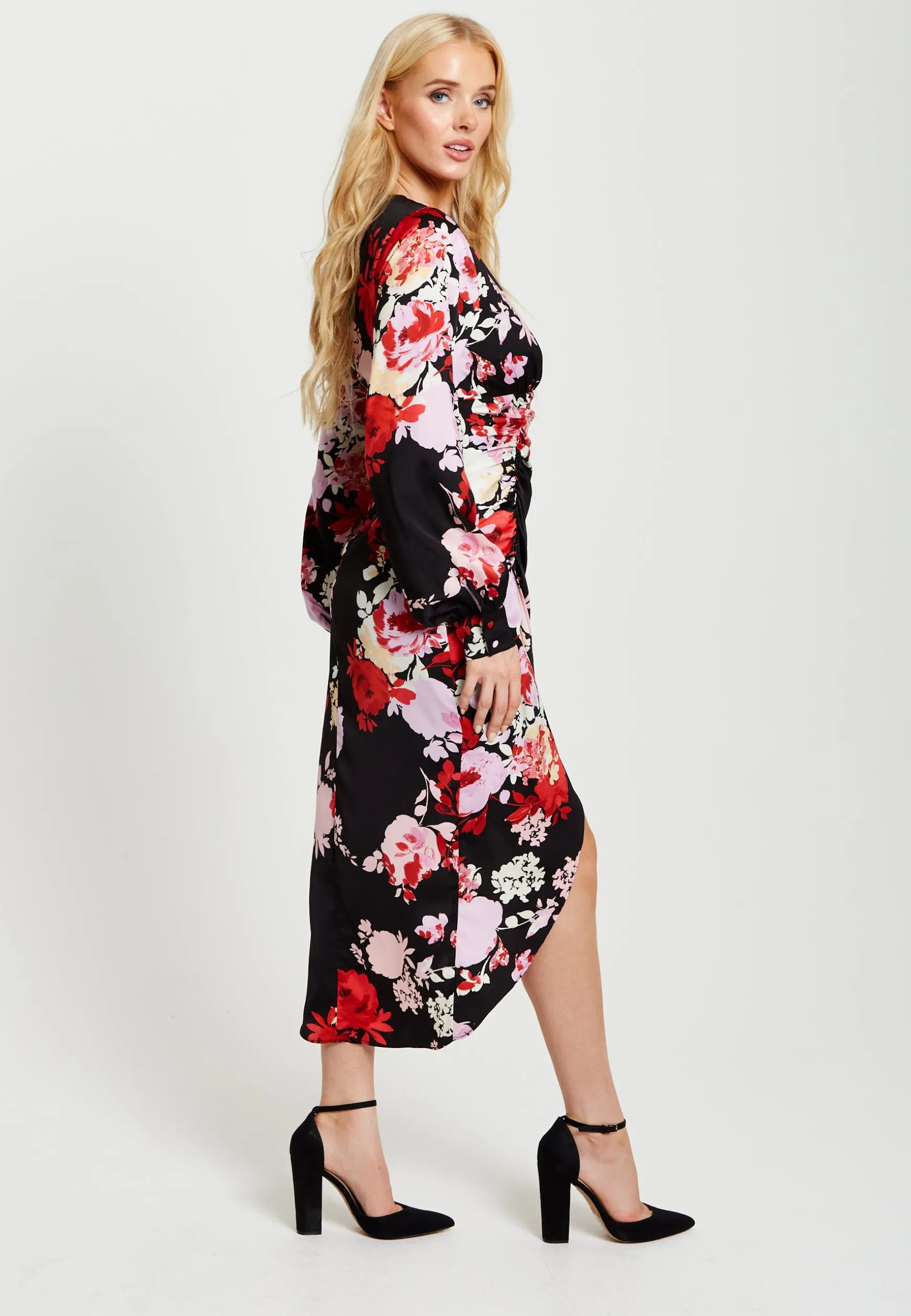 Women's Midi Dress in Red and Pink with Long Balloon Sleeves - Liquorish