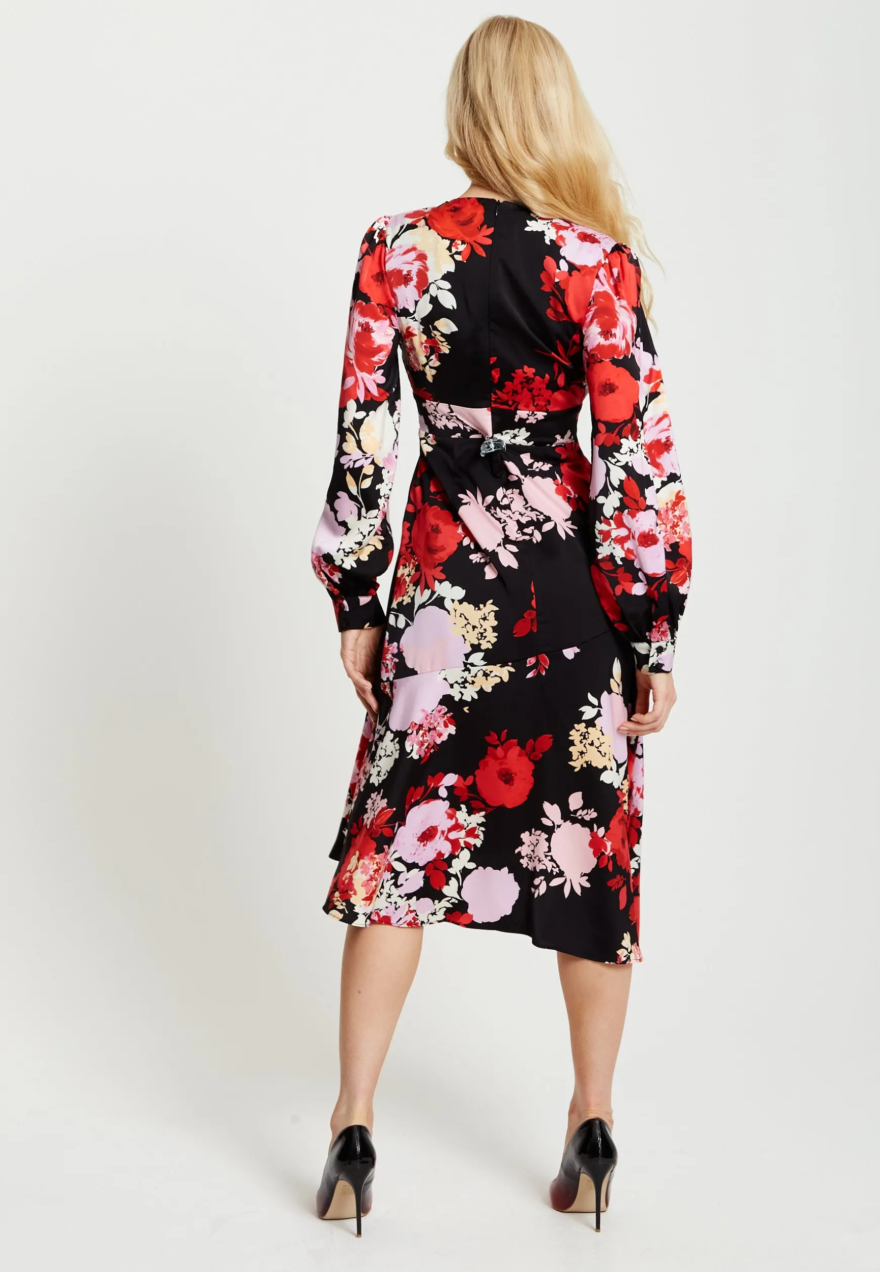 Women's Midi Dress in Red and Pink with Long Balloon Sleeves - Liquorish