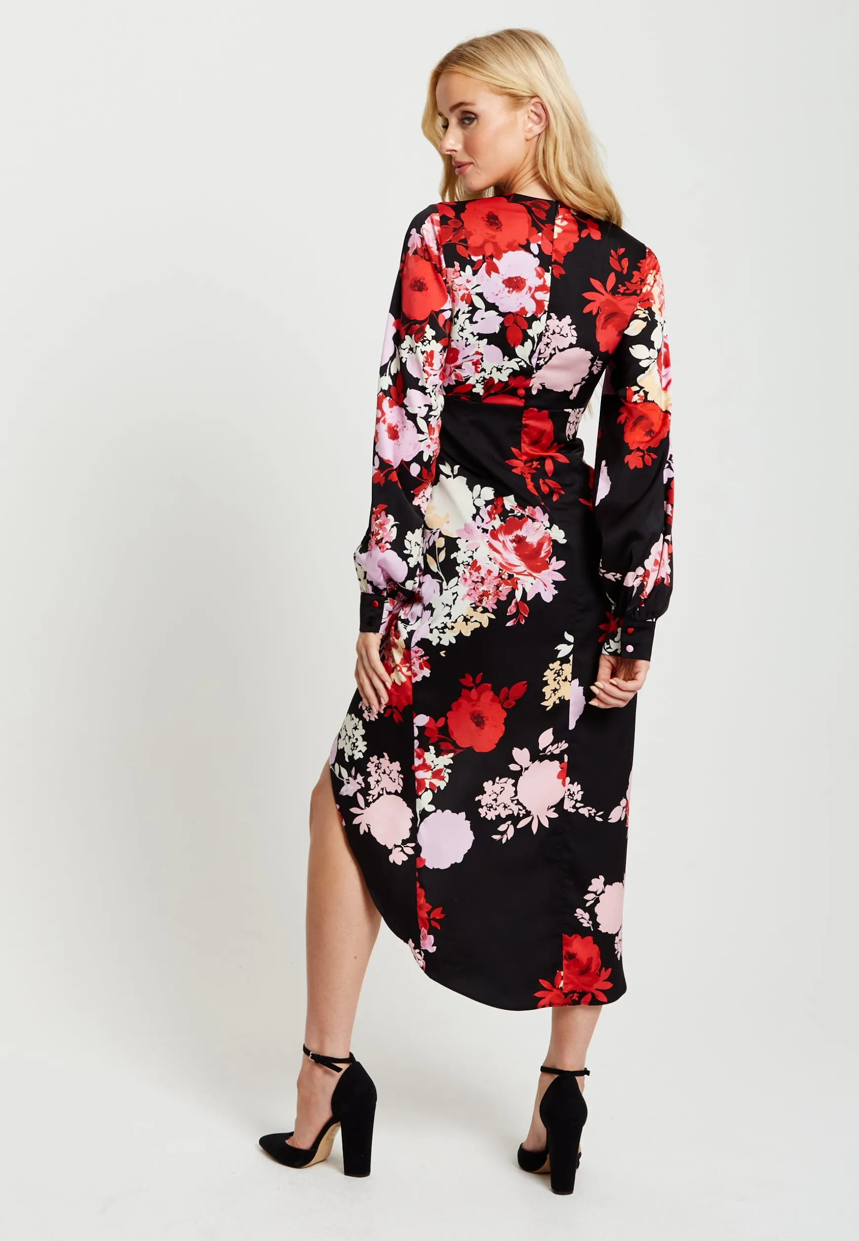 Women's Midi Dress in Red and Pink with Long Balloon Sleeves - Liquorish