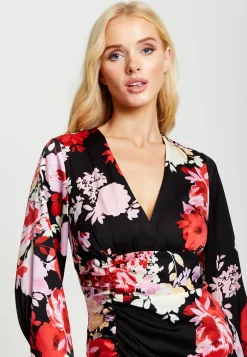 Women's Midi Dress in Red and Pink with Long Balloon Sleeves - Liquorish